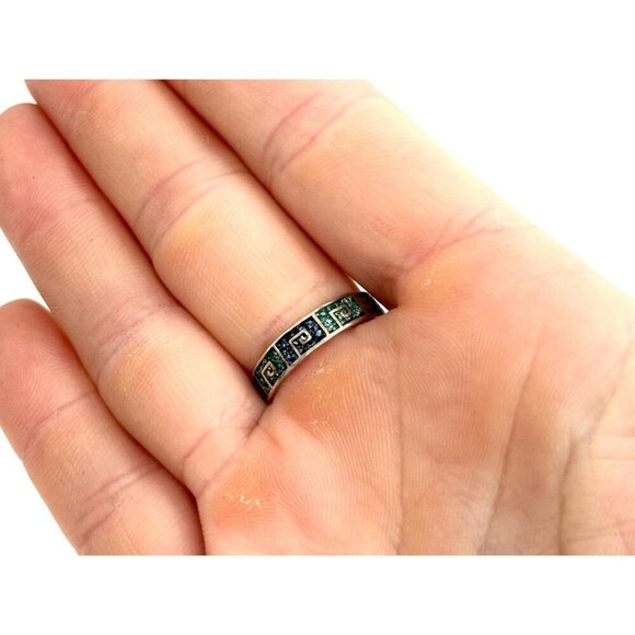 Mexican Made Mosaic Turquoise Inlaid Vintage Sterling Geometric Ring - sz 7.25 - Picture 7 of 7